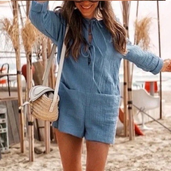 NWOT Zara Textured Weave Tie Bow Front Jumpsuit Romper - Picture 4 of 6